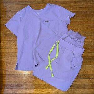 Figs Light Purple Scrub Set with Bright Green Ties